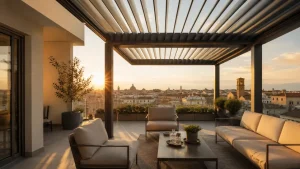 Pergola bioclimatica di design con lamelle orientabili su una terrazza minimalista al tramonto.