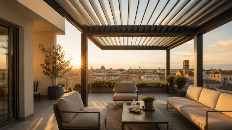 Pergola bioclimatica di design con lamelle orientabili su una terrazza minimalista al tramonto.