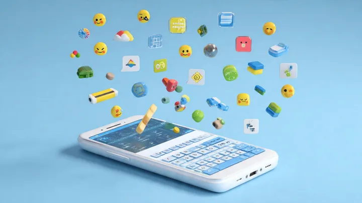 Come funziona Emoji Kitchen di Gboard quando torna a funzionare correttamente Smartphone con tastiera fisica da cui fuoriescono tante emoji 3D e icone colorate su sfondo azzurro chiaro