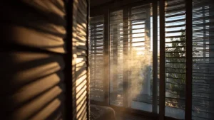 Interno di un appartamento moderno in piena estate con finestre chiuse, tapparelle semiaperte, raggi di sole che entrano e aria calda visibile con effetto shimmer. Atmosfera afosa e realistica, stile fotografia editoriale di design con colori naturali e luce estiva italiana.