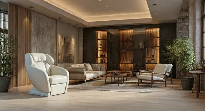 Arredamento e benessere: la poltrona massaggiante Neo Relax di Komoder che trasforma il soggiorno in un'oasi di relax Soggiorno moderno e luminoso con poltrona massaggiante Neo Relax bianca di Komoder in pelle, design compatto che unisce arredamento e benessere