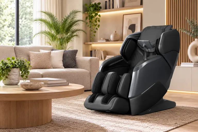 Soggiorno moderno con divano beige e poltrona massaggiante NOVA DUO nera di Komoder, massaggio 4D e design elegante per benessere quotidiano