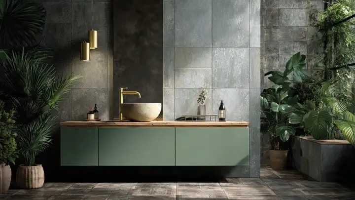 Bagno moderno con mobile sospeso verde salvia, top in legno naturale, pareti in gres grigio perla, rubinetteria oro e piante tropicali