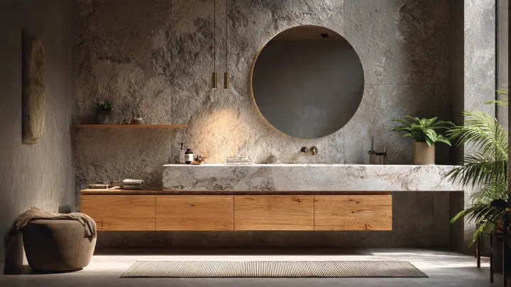 Bagno moderno japandi con pareti grigio perla, vanity rovere e dettagli ottone Bagno moderno di lusso stile japandi con pareti grigio perla effetto pietra, mobile sospeso in rovere naturale, piano in marmo bianco, specchio rotondo grande, rubinetteria in ottone spazzolato, luce calda soffusa e atmosfera spa rilassante.