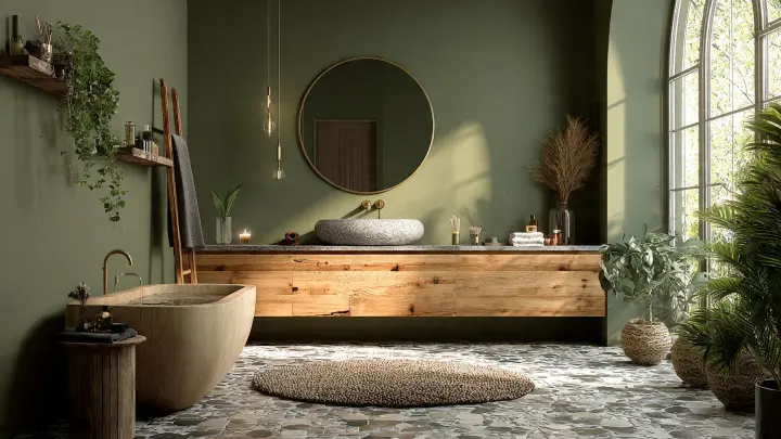 Bagno moderno di lusso con pareti verde oliva, mobile lavabo in legno naturale e piano in pietra chiara. Rubinetteria in ottone spazzolato, specchio rotondo, piastrelle effetto travertino e piante decorative. Atmosfera spa naturale con luce naturale e design contemporaneo italiano.