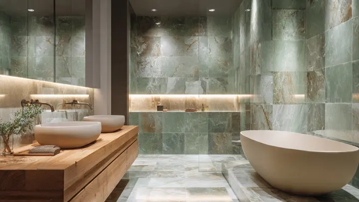 Bagno moderno marmo verde - Stile spa con legno naturale e luce led Bagno moderno di lusso con grandi lastre in marmo verde salvia, vasca freestanding color tortora, mobile sospeso in legno naturale e doppio lavabo a ciotola. Illuminazione a led nascosta e specchi a tutta parete per un effetto spa elegante e rilassante.
