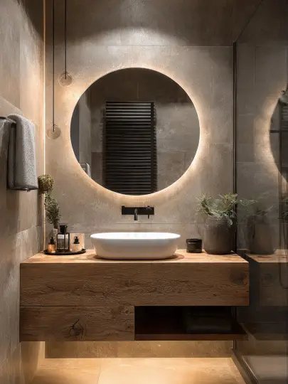 Bagno in RAL Sabbia beige caldo - rivestimento tortora e legno naturale Bagno moderno con pareti color RAL Sabbia beige tortora e mobile bagno sospeso in legno con specchio tondo retroilluminato