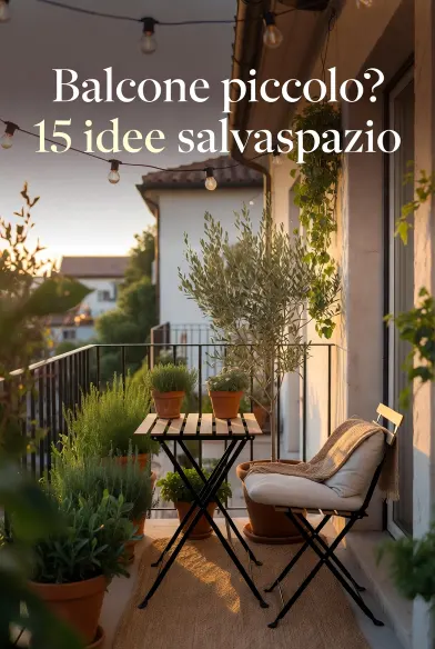 Balcone piccolo arredato con mobili pieghevoli e verde Balcone piccolo arredato con tavolino e sedie pieghevoli, piante in vaso e luci a bulbo al tramonto