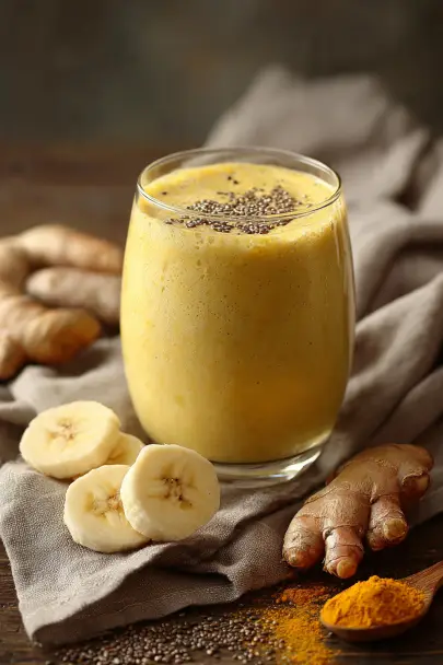 Bicchiere di frullato giallo cremoso alla banana e curcuma con semi di chia, accanto a fette di banana, zenzero fresco e curcuma in polvere