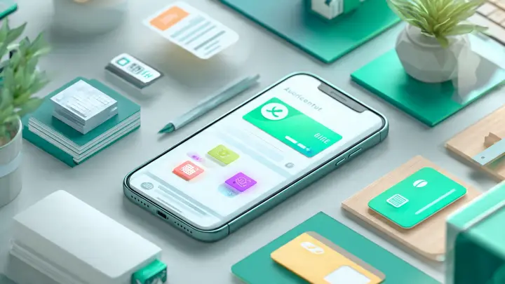 Buddybank bonus 50 euro - come funziona app e carta conto Illustrazione 3D di smartphone con app bancaria e carte di pagamento verdi su scrivania moderna con piante, simbolo conto digitale e bonus Buddybank 50 euro