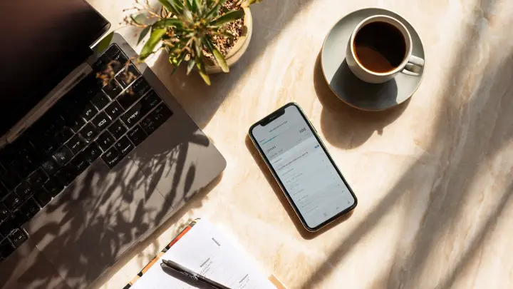 Buddybank bonus 50 euro come funziona - gestisci il conto dall'app in smart working Vista dall'alto di smartphone con app bancaria su tavolo in marmo con laptop, tazza di caffè e pianta, concetto bonus Buddybank 50 euro