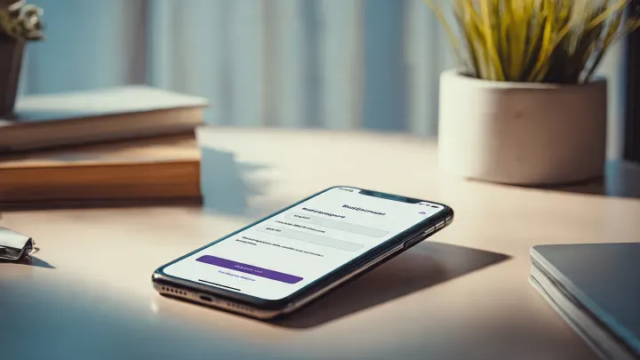 Buddybank bonus 50 euro come riceverlo - apertura conto dall'app in pochi minuti Smartphone su scrivania luminosa con app Buddybank aperta su form di registrazione, accanto a libri e pianta, concetto apertura conto per bonus 50 euro