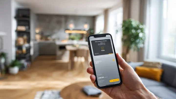 Buddybank bonus 50 euro come funziona l'app - gestisci carta e saldo da casa Mano che tiene smartphone con app bancaria che mostra carta e saldo in soggiorno moderno e luminoso, concetto bonus Buddybank 50 euro da casa