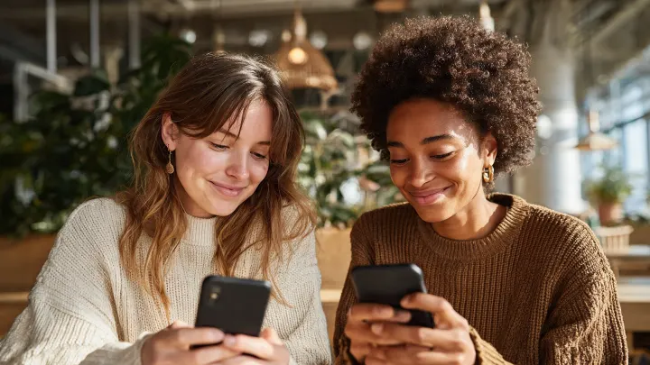 Due giovani donne sorridenti che guardano lo smartphone insieme in un bar luminoso, idea di condivisione e passaparola per bonus Buddybank 50 euro