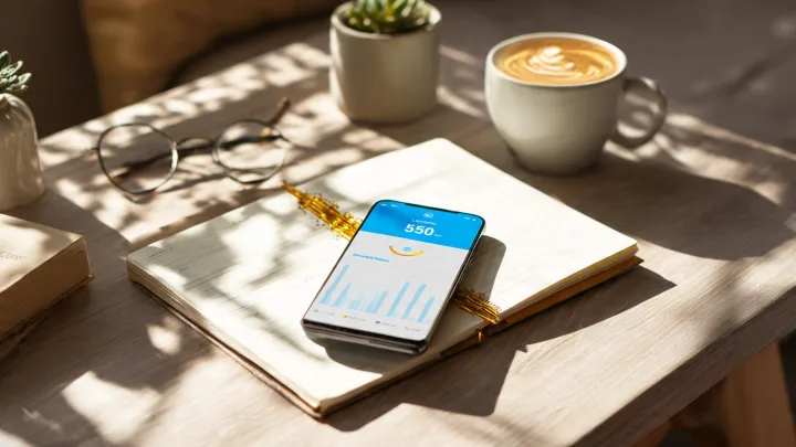 Smartphone con app bancaria aperta che mostra saldo e grafici su quaderno, accanto a tazza di cappuccino e occhiali, concetto bonus Buddybank 50 euro