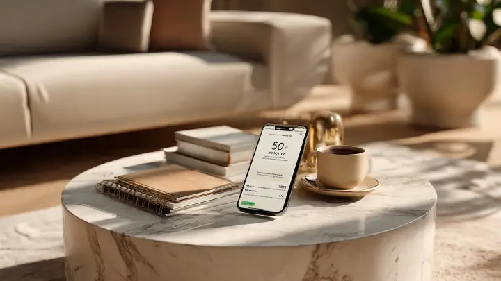Smartphone con schermata bonus 50 euro su tavolino in marmo in soggiorno luminoso con tazza di caffè e quaderni, concetto Buddybank
