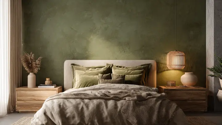 Camera da letto elegante con parete dietro il letto color verde oliva, testiera in lino beige, comodini in legno naturale, lampade con luce calda, biancheria in cotone e lino e tende leggere. Atmosfera rilassante stile Japandi e Modern Organic ispirata alla natura.