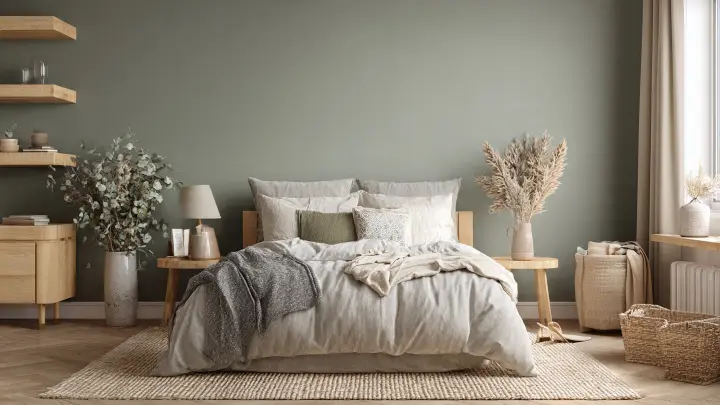 Camera da letto verde salvia - Stile modern organic e legno naturale Camera da letto in stile modern organic con parete verde salvia, letto basso in legno chiaro, biancheria beige e verde, comodini minimal. Dettagli naturali come tappeto in juta, cesti di rattan e fiori secchi per un ambiente rilassante e luminoso.