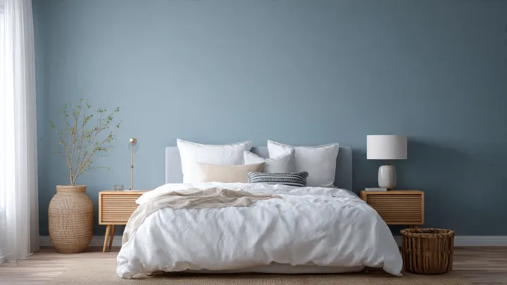 Camera da letto color azzurro polvere, la via di mezzo elegante tra celeste e blu Camera da letto minimal con parete azzurro polvere, letto con biancheria bianca, comodini in legno e vaso in rattan