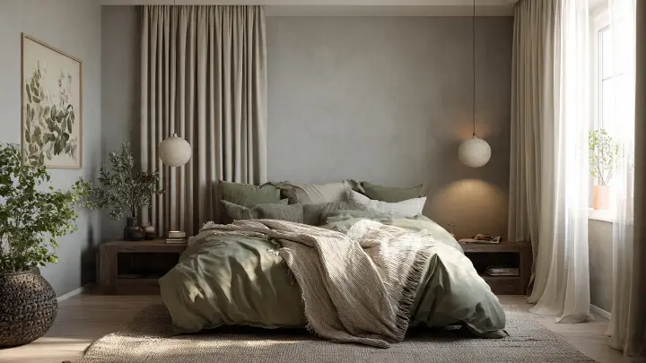 Camera da letto moderna con pareti grigio perla, letto con biancheria verde salvia, tende in lino naturale e piante verdi