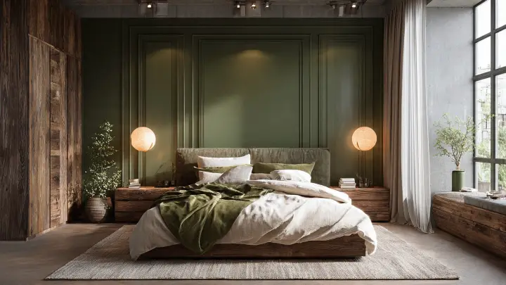 Camera da letto con parete boiserie verde muschio, letto basso in legno, biancheria bianca e cuscini verde muschio