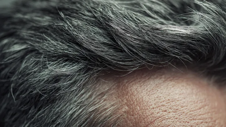 capelli sale e pepe, hairstyle maschile maturo, texture naturale, macro beauty Primo piano realistico di capelli maschili sale e pepe con sfumature tra grigio argento e castano scuro. Taglio curato e moderno con luce laterale morbida che evidenzia la brillantezza e la texture naturale. Dettaglio professionale stile magazine beauty, fotografia macro elegante ad alta definizione.