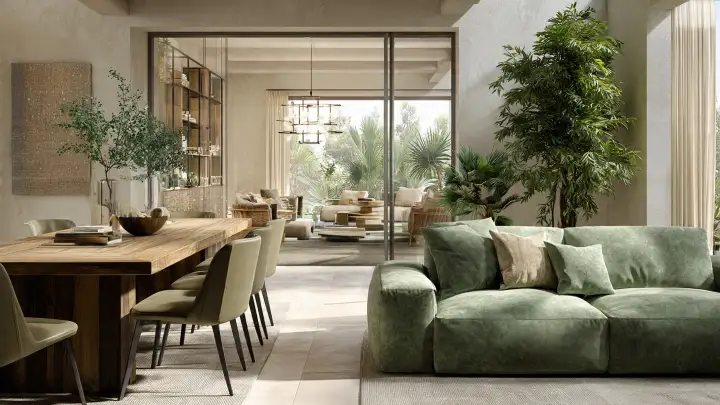 Open space moderno con divano modulare verde salvia, tavolo da pranzo in legno massello, sedie grigio perla e grandi vetrate con piante tropicali