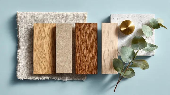 Campioni di legno chiaro su fondo celeste polvere con lino, pietra e pomello ottone