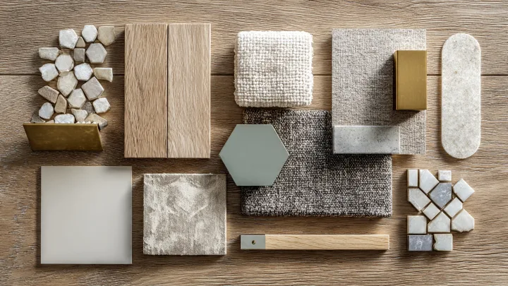 Moodboard di materiali con legno chiaro, tessuti naturali, piastrella esagonale salvia e dettagli ottone