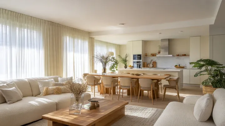 Soggiorno open space con cucina, arredi in legno chiaro e divani color avorio