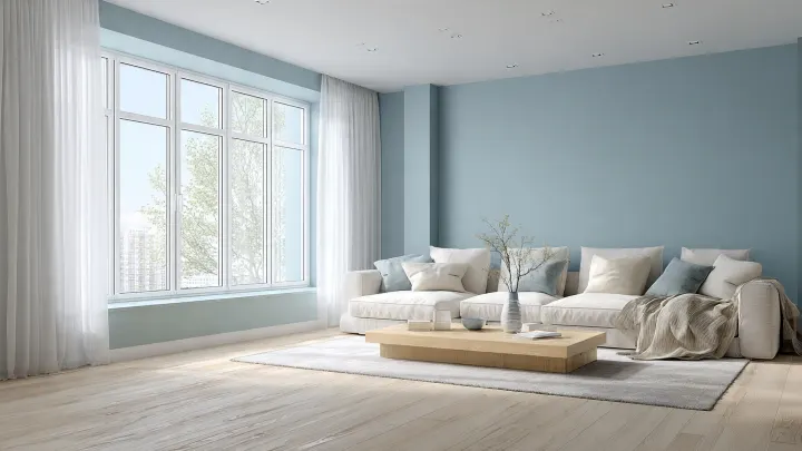 Soggiorno luminoso con pareti celeste polvere, divano bianco e tavolino in legno chiaro su parquet