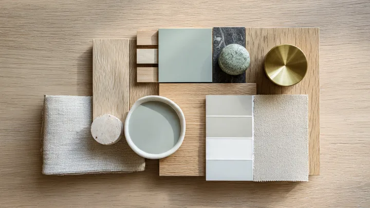 Moodboard con campioni di colore celeste polvere, legno chiaro, tessuti naturali e pomello in ottone