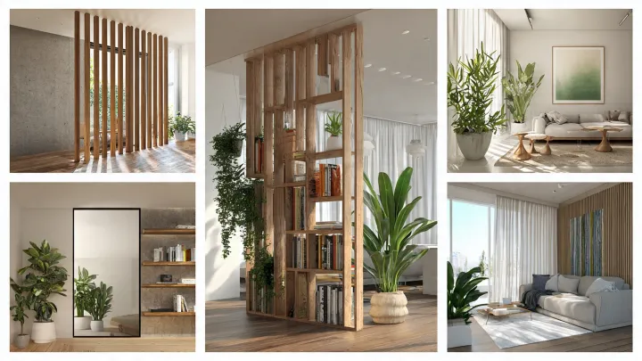 Collage di interior design che mostra 4 modi per dividere gli spazi senza pareti: divisorio in doghe di legno, parete in vetro, libreria divisoria, tende e piante. Interni moderni di case italiane, stile elegante, fotografia realistica con luce naturale brillante.