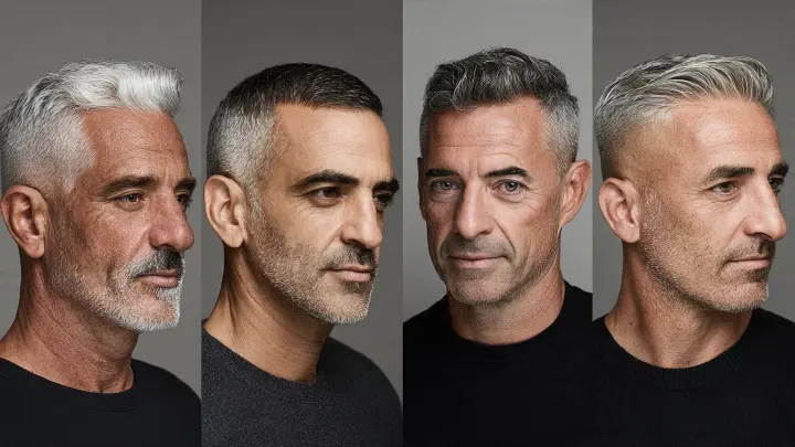 Tagli capelli sale e pepe uomo over 50 Collage fotografico 16:9 con quattro uomini eleganti over 50 con capelli sale e pepe. Mostra quattro tagli diversi: French Crop, Ivy League, Crew Cut e taglio corto sfumato, su sfondo neutro con illuminazione professionale in stile editoriale maschile premium.