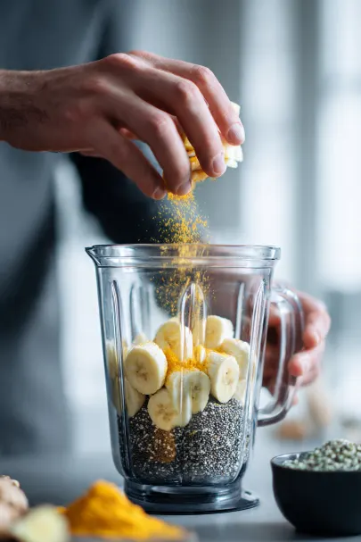 Mani che versano curcuma in polvere in un frullatore con banane a fette e semi di chia, per preparare un frullato anti gonfiore
