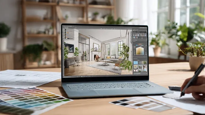 Ufficio domestico luminoso in stile scandinavo minimal con scrivania in rovere, piante e grande finestra. Su un laptop premium è aperto un software di interior design 3D che mostra una pianta 2D e il rendering fotorealistico di un soggiorno. Una mano usa il touchpad. Sul tavolo disegni architettonici, quaderno, tavolozza colori e campioni di materiali. Composizione pulita con ampio spazio vuoto a sinistra, luce naturale morbida, formato 16:9.