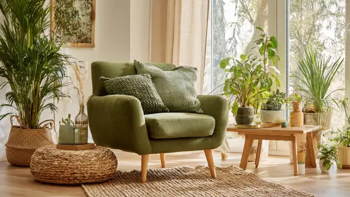 Angolo soggiorno naturale con poltrona verde muschio, cuscini bouclé, tappeto in juta e tante piante verdi