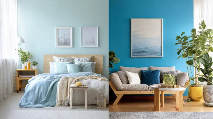 Differenza tra celeste e azzurro, camera relax e soggiorno energico a confronto Confronto camera da letto con pareti celeste chiaro e soggiorno con parete azzurro brillante, divano in legno e piante verdi