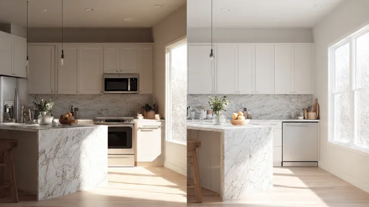 Confronto side by side di una cucina moderna in stile scandinavo: a sinistra render ultra fotorealistico stile Homestyler con luce naturale e superfici in marmo, a destra render 3D semplificato stile Planner 5D con illuminazione più morbida.