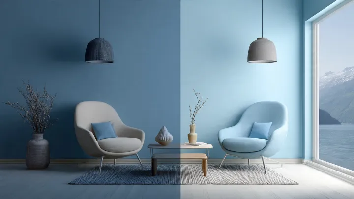 Differenza tra colore celeste e azzurro nell'arredamento moderno Soggiorno diviso a metà con parete azzurro polvere e parete celeste chiaro, due poltrone moderne e vista sul lago con montagne