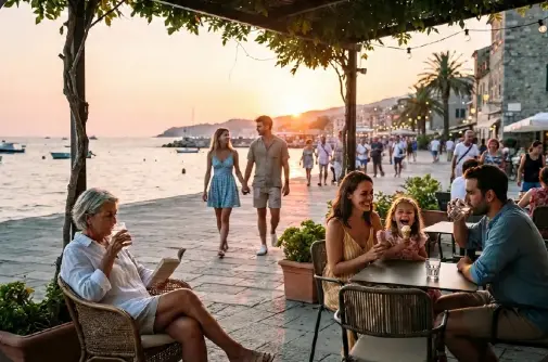 Gruppo di persone di diverse età si rilassa in un bar all’aperto sul lungomare al tramonto. Una donna anziana legge e beve seduta da sola, una famiglia con bambina mangia il gelato a un tavolo, una coppia cammina mano nella mano sul lungomare. Cielo dorato, mare calmo e luci soffuse creano un’atmosfera estiva mediterranea.
