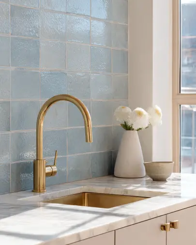 Dettaglio cucina con paraschizzi in piastrelle quadrate color celeste polvere, lavello e rubinetto ad arco in ottone, piano in marmo bianco e vaso con fiori bianchi