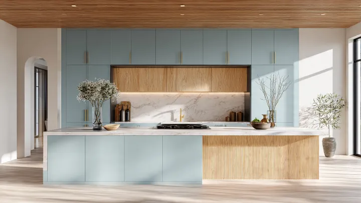 Grande cucina moderna color celeste polvere con isola centrale, pensili laccati fino a soffitto, inserti in legno naturale, top in marmo bianco e soffitto a doghe in rovere