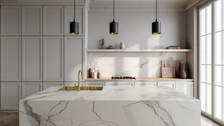 Cucina moderna di lusso grigio perla con marmo bianco, rovere e ottone Cucina moderna di lusso stile scandinavo e japandi con pareti grigio perla, pensili bianchi opachi, dettagli in rovere naturale, piano in marmo bianco venato di grigio, rubinetto in ottone spazzolato, lampade nere a sospensione e grande finestra con luce naturale.