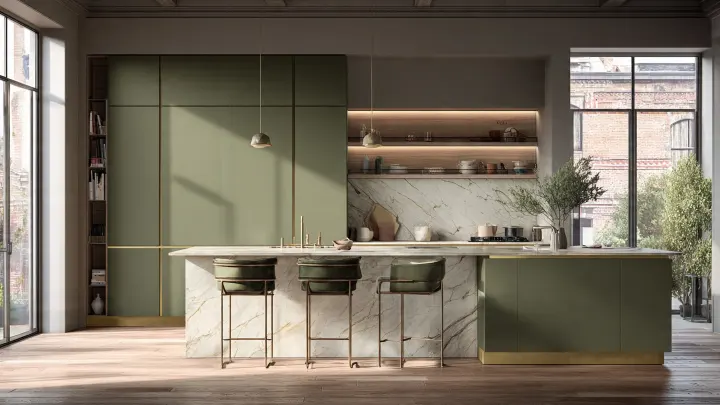 Cucina moderna italiana con mobili verde oliva opaco, isola centrale con piano in marmo chiaro, maniglie in ottone satinato, mensole in legno naturale, pavimento in rovere, ceramiche artigianali e grandi finestre. Stile contemporaneo elegante e luminoso.