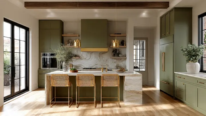 Cucina verde salvia modern organic - Isola in marmo e dettagli ottone Cucina moderna stile modern organic con pensili verde salvia, isola centrale in marmo bianco e verde, sgabelli in rattan con struttura in ottone. Pavimento in legno chiaro, mensole in legno, travi a soffitto e grandi finestre per tanta luce naturale.