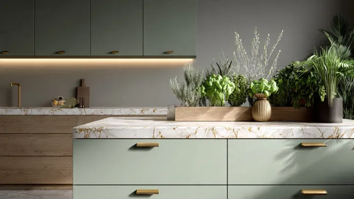 Cucina moderna con isola e pensili verde salvia, pareti grigio perla, top in marmo bianco con venature oro e piante aromatiche sul piano
