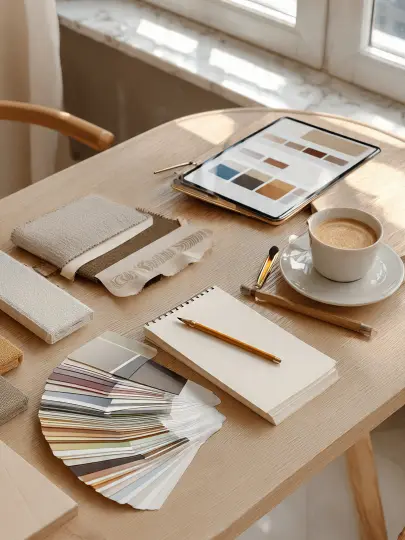 Tavolo di progettazione RAL Sabbia - mazzette colori, palette beige e moodboard tessuti Scrivania progettazione interior con mazzetta colori RAL Sabbia a ventaglio, tablet con palette beige tortora e campioni tessuto su tavolo in legno