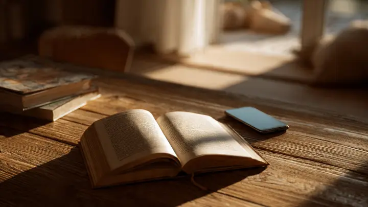 Lifestyle scene di un libro aperto su un tavolo in legno con accanto uno smartphone posizionato a faccia in giù. Luce naturale soffusa, atmosfera calda e accogliente. Estetica minimal digital detox, toni caldi, mood calmo, fotografia editoriale da rivista.