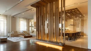 Interno di appartamento open space di design italiano, senza pareti divisorie. Soggiorno e cucina separati da parete in doghe verticali di legno e vetro. Colori neutri caldi, arredi eleganti, luce naturale e fotografia architettonica realistica. Composizione pulita, formato 16:9, senza persone.